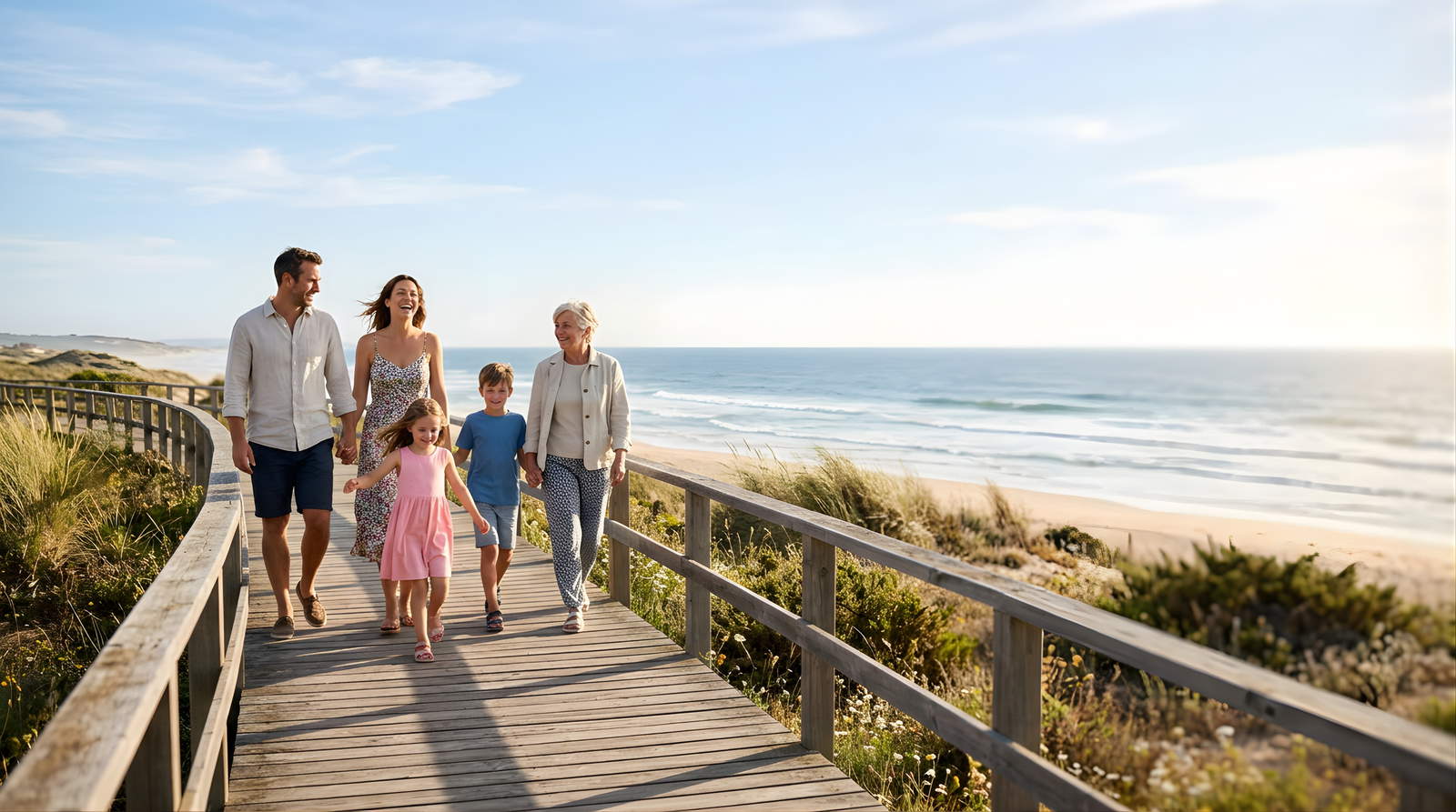 Familie mit zwei Kindern und Großmutter spaziert über einen Holzsteg zum Strand